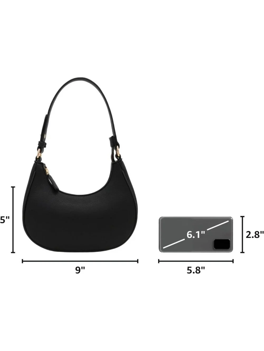 Women's Black Small Crescent For Trendy Underarm Purse Zipper Shoulder Bag